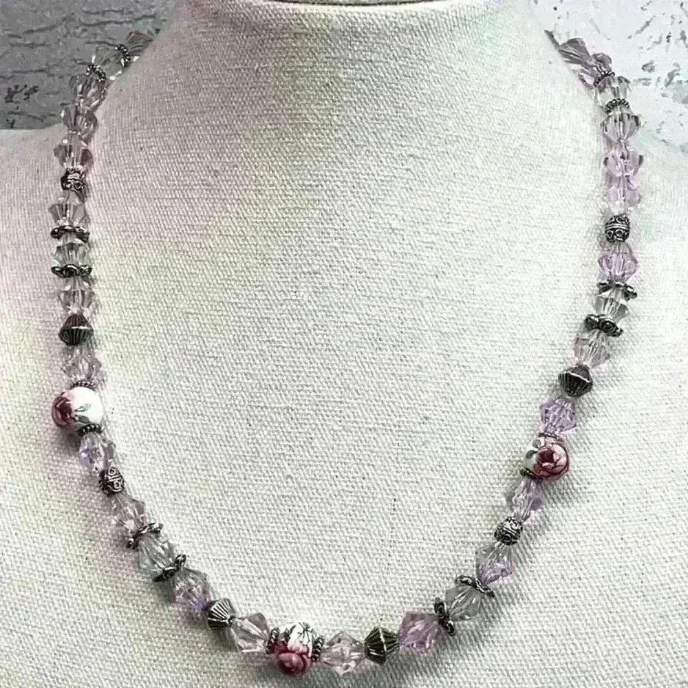 Vintage Pink and Clear Necklace with Silver Details and Rose Painted White Beads
